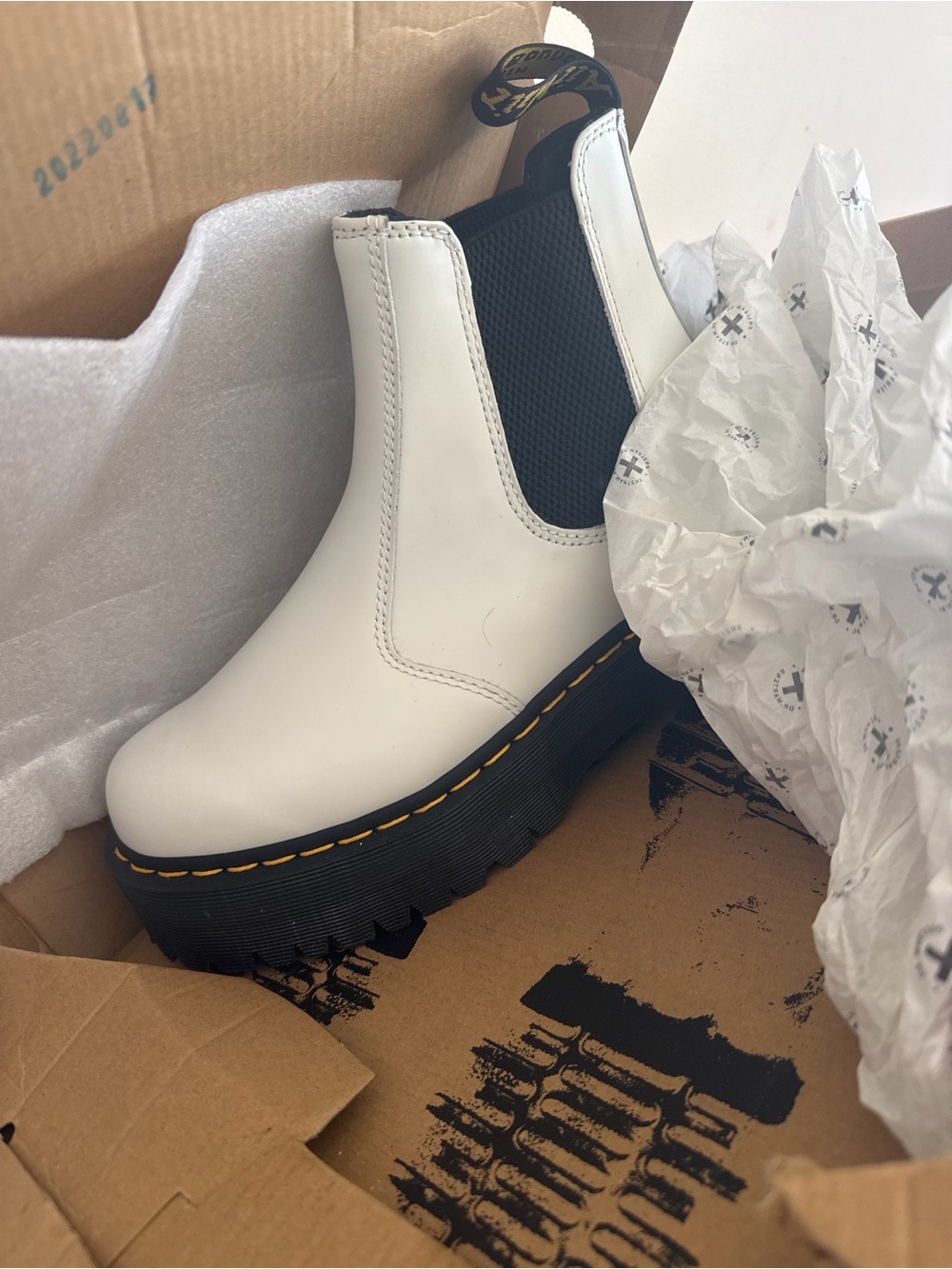 Dr. Martens White Leather Platform Chelsea Boot with Black Elastic